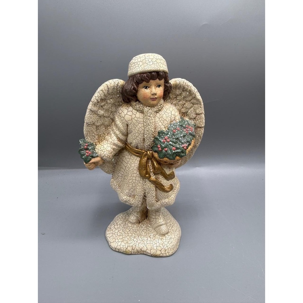 8" Tall Christmas Angel Figurine Off-White Victorian Crackle Glaze Glitter - Picture 3 of 6
